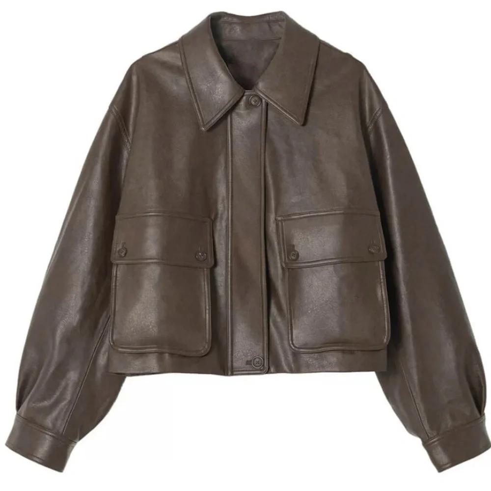 Pixie Market Brown Faux Leather Crop Bomber Patch Pocket Jacket NWT One Size - Picture 4 of 12